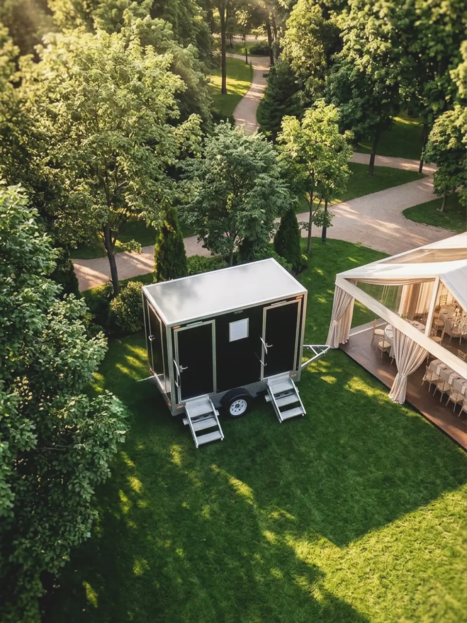 Aerial view of a restroom trailer on a lawn beside a white wedding tent